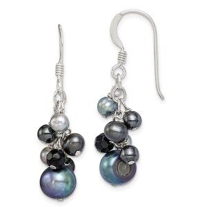 925 Sterling Silver Black & Grey FWC Pearls & Onyx Dangle Earrings